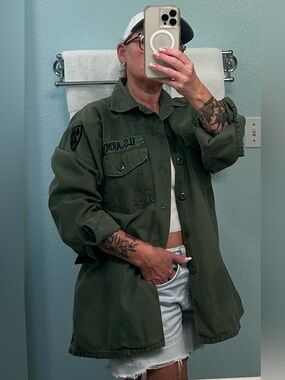 Vintage 60s US Army Shirt Jacket 16.5 x 34 Cotton Sateen, OG 107 Military Green